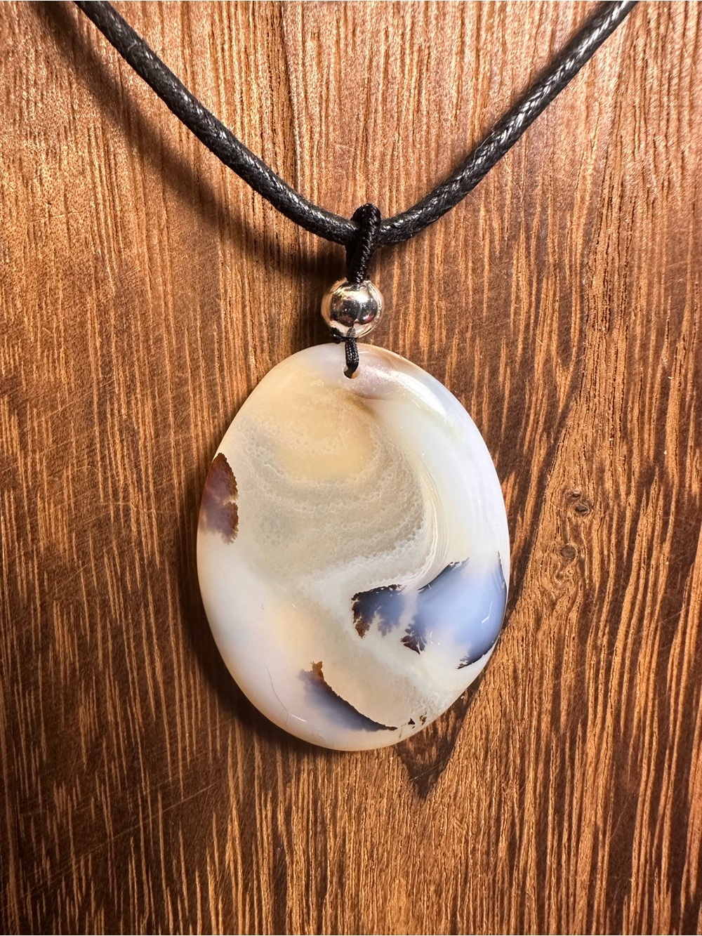Handcrafted Dendritic Agate Pendant Necklace on Black Rope